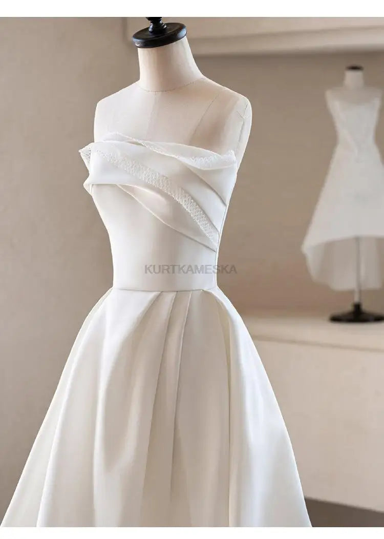 Luxury White Satin Trailing Wedding Dresses Women Elegant Strapless Long Prom Party Bridal Dress - The Clothing Company Sydney