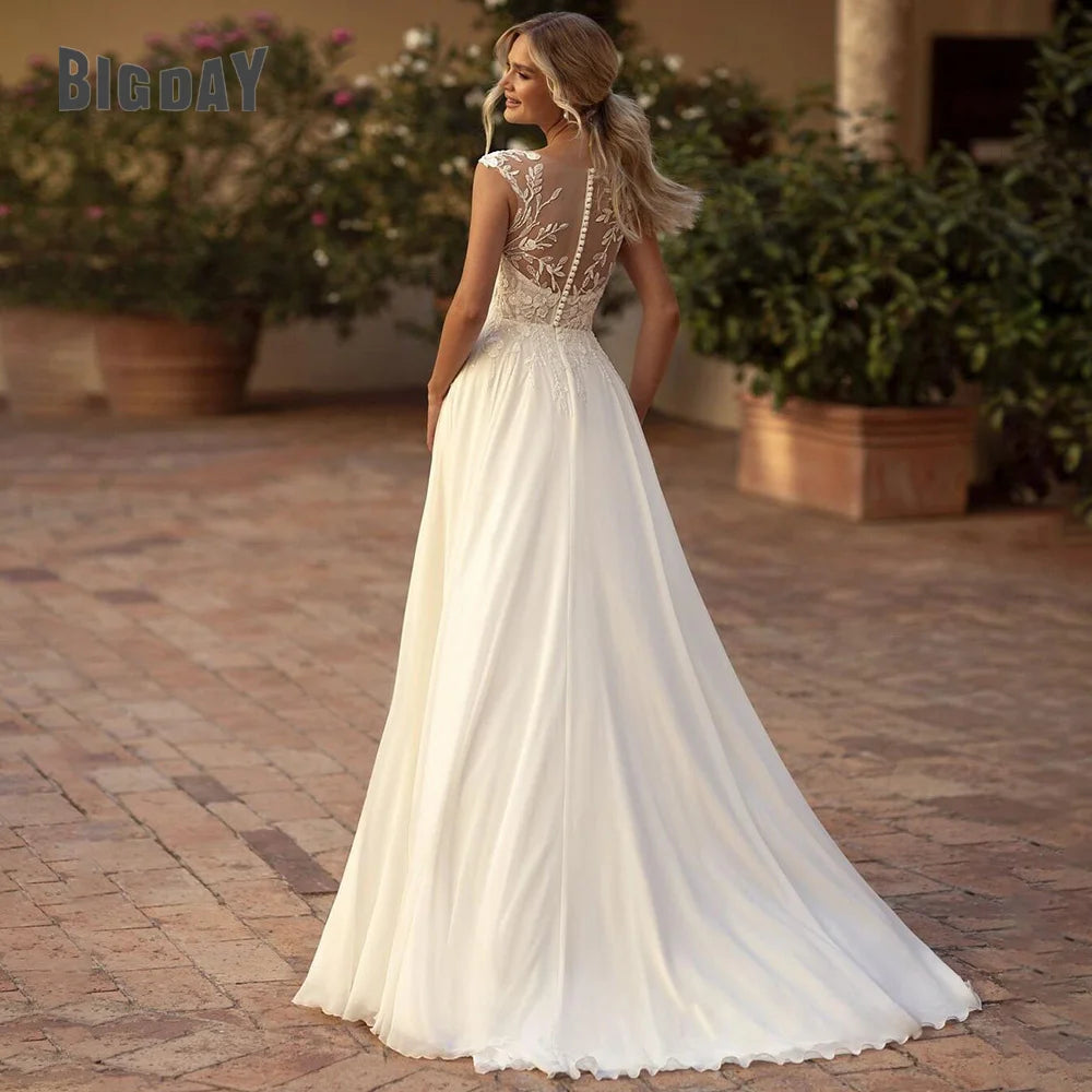 Elegant Boho Lace Wedding Dress Chiffon O-Neck Illusion Back Side Split Applique Bridal Party Gown Customised Wedding Dress The Clothing Company Sydney