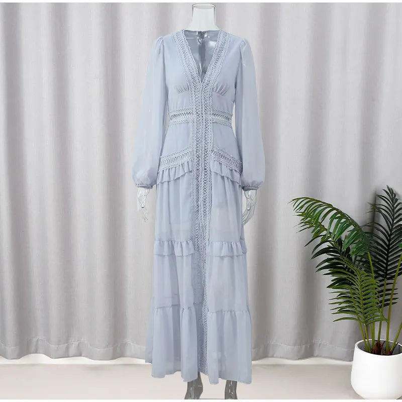 Women V-neck Lantern Long Sleeves Maxi Dress Elegant Patchwork Ruffles Hollow Lace Slim Summer Dress - The Clothing Company Sydney
