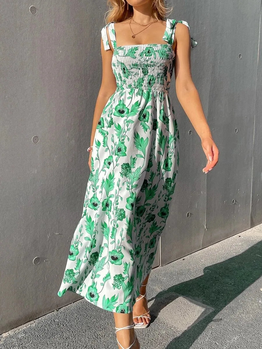 Floral Long Dress Women's Backless Sleeveless Bandage Beach Sundress Casual Green Summer Ladies Dresses - The Clothing Company Sydney