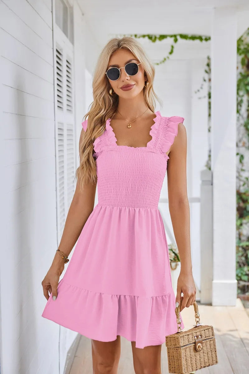 Womens Summer Casual Boho Sleeveless Backless Square Neck Smocked Ruffle Mini Dress A-Line Swing Sundress - The Clothing Company Sydney