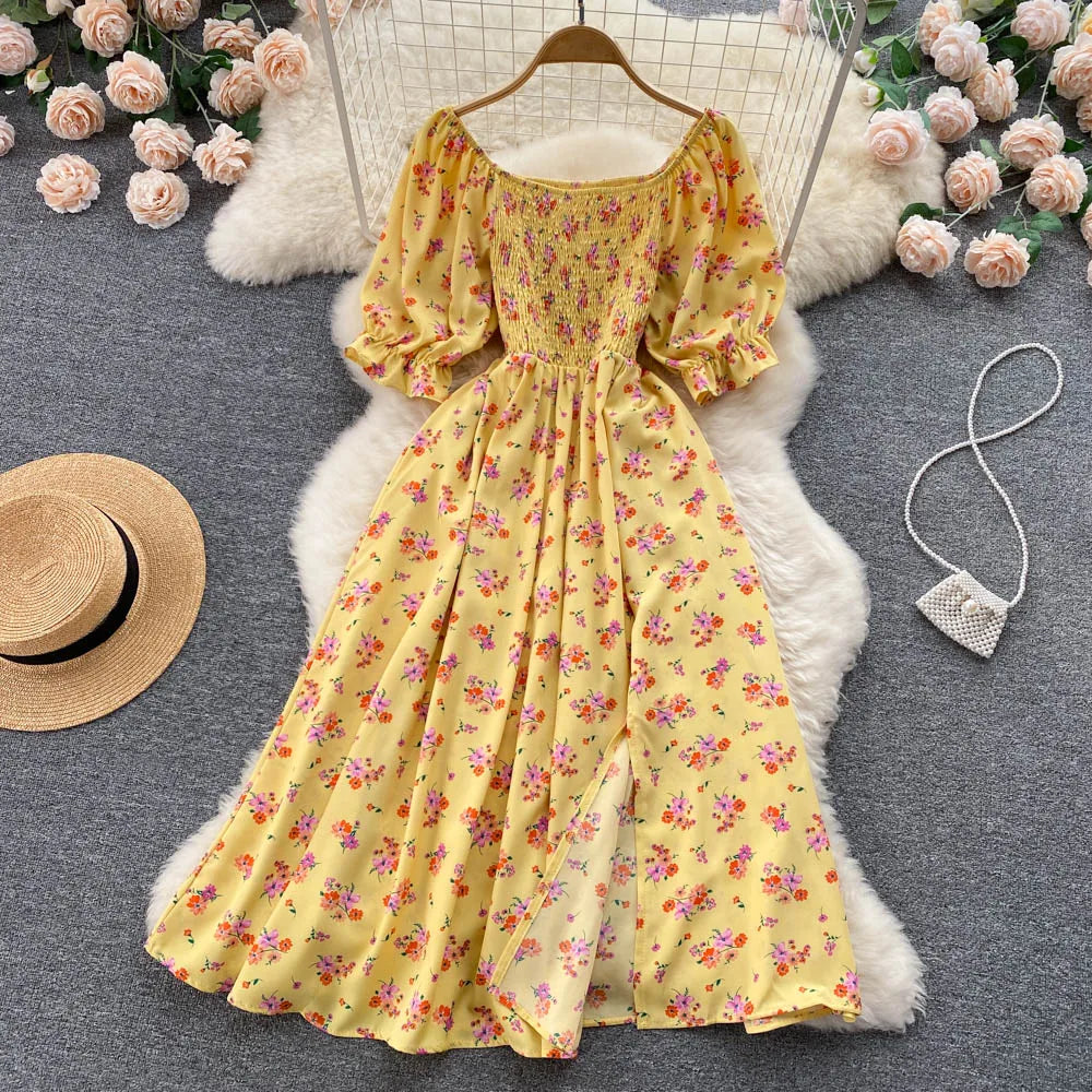 Women's Fashion Romantic Floral Print Split Long Summer Dress Puff Sleeve Party Dress - The Clothing Company Sydney