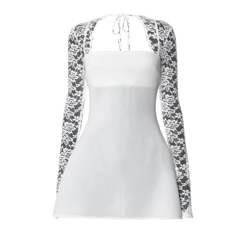 Lace Patchwork Waist Wrap A-line Mini Autumn Winter Dress Backless Club Party Evening Dresses - The Clothing Company Sydney