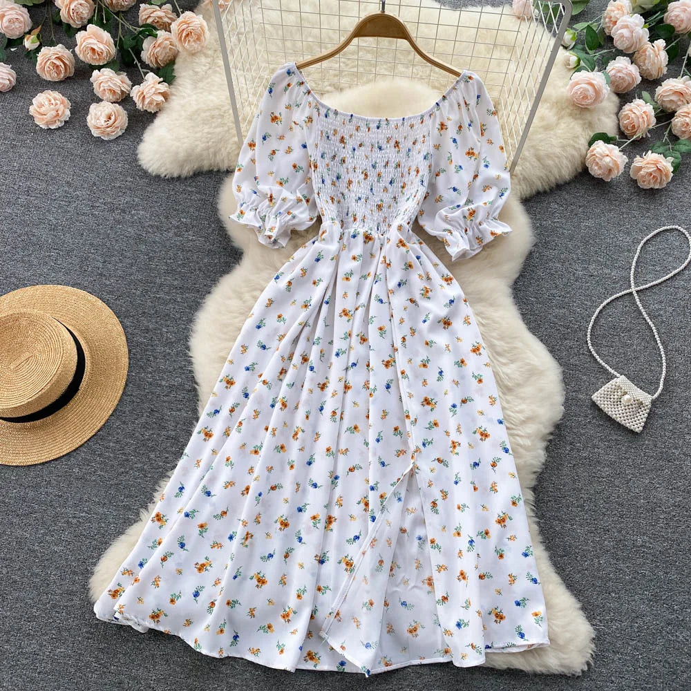 Women's Fashion Romantic Floral Print Split Long Summer Dress Puff Sleeve Party Dress - The Clothing Company Sydney