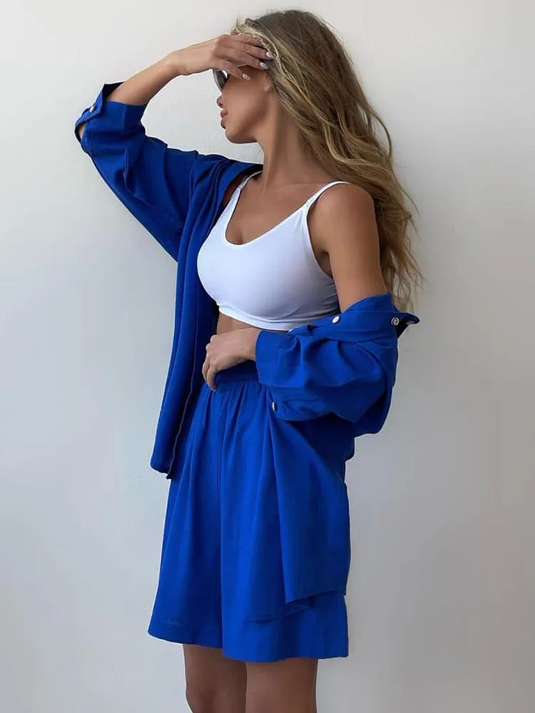 Summer Women's Suit Cotton Casual Shorts and Shirts 2 Piece Matching Outfit Set Linen Fashion Blouse Women's Suit - The Clothing Company Sydney