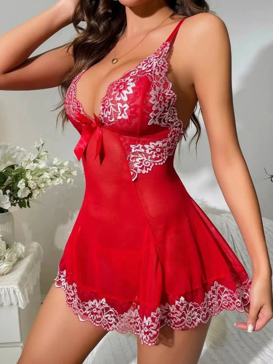 Slip Nightdress Contrast Lace Round Neck Backless Sleep Mini Dress Women's Sleepwear & Dresses The Clothing Company Sydney