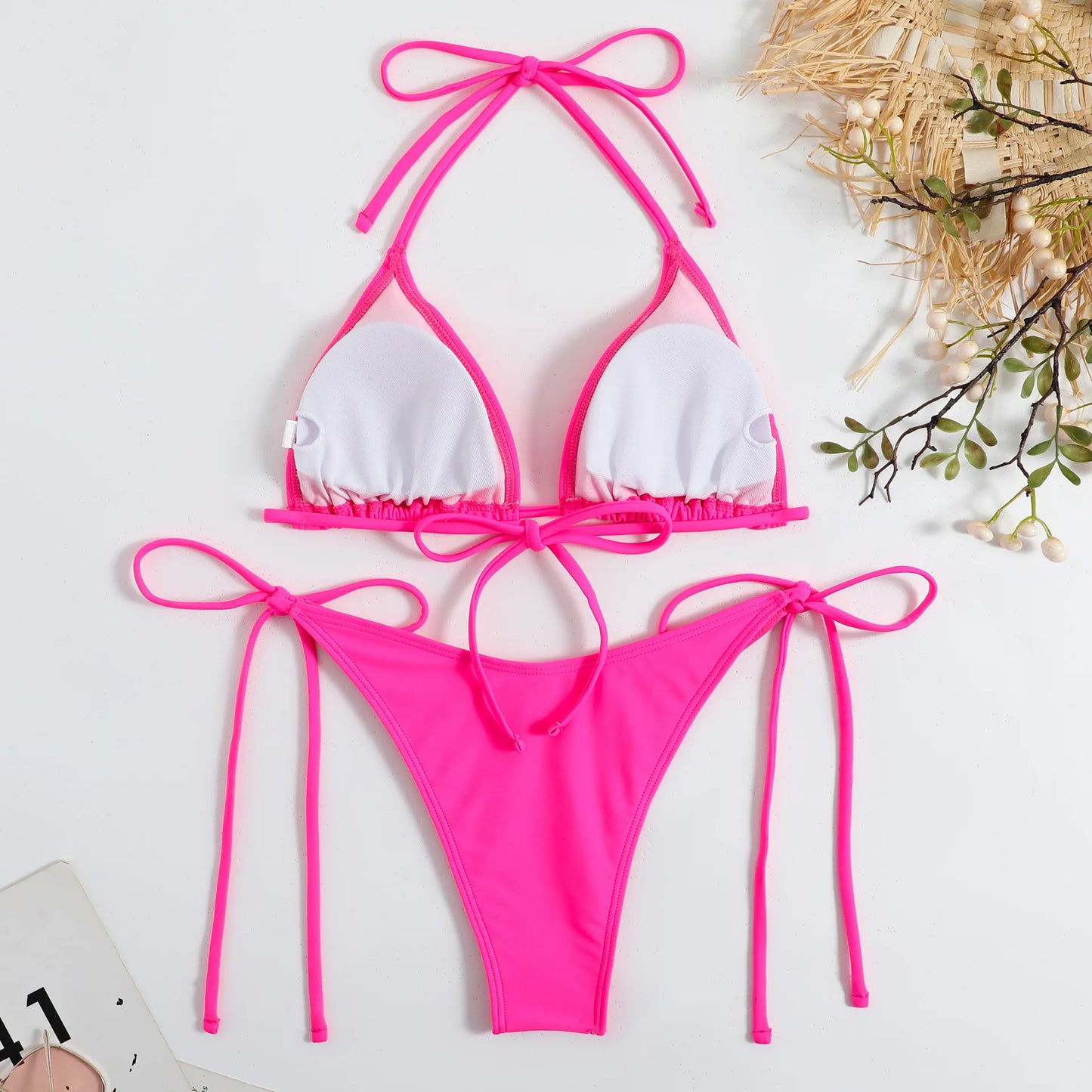 2 Piece Brown Bikini Red Halter Push Up Bra Tie Side Triangle Swimsuit Summer Bathing Suit Lace Up Micro Swimwear - The Clothing Company Sydney