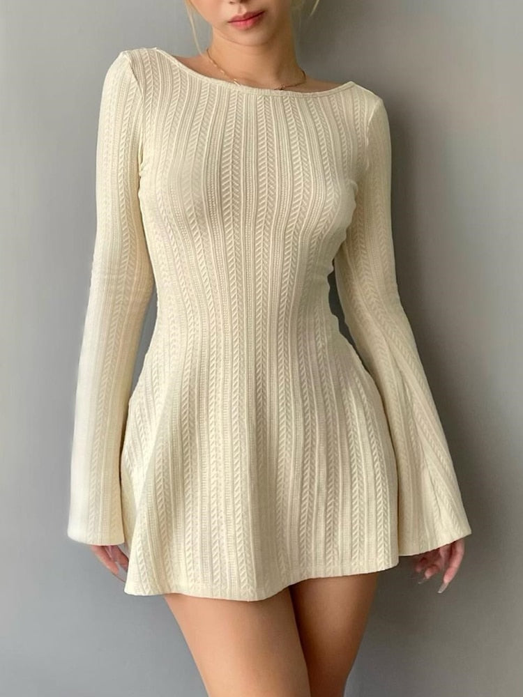 Backless Chic Solid Long Sleeve Autumn Dress Women's Fashion Basic Mini Dresses Slim Elegant Dress The Clothing Company Sydney