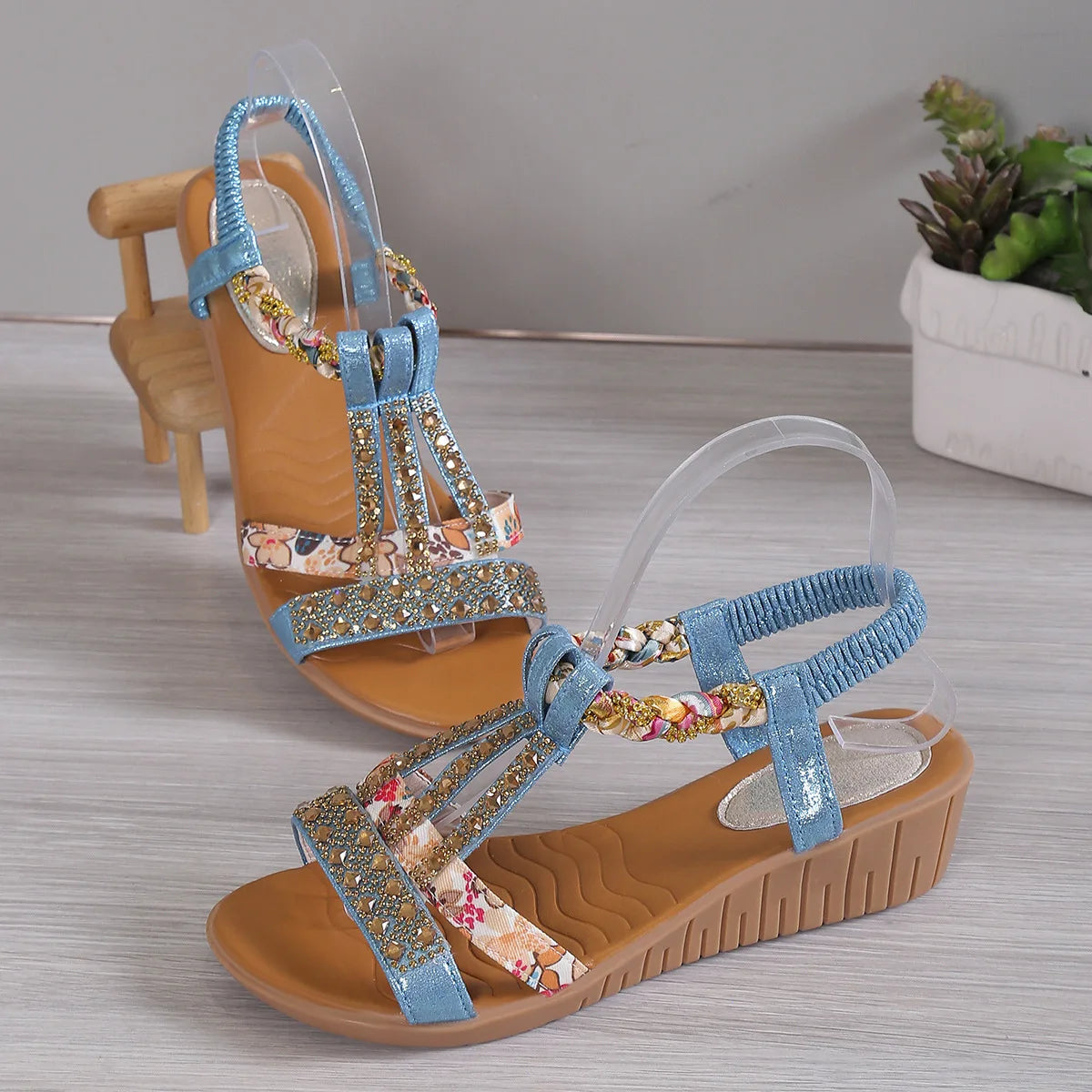 Summer Women's Wedge Shiny Rhinestones Elastic Platform Peep Toe Outdoor Sandals - The Clothing Company Sydney