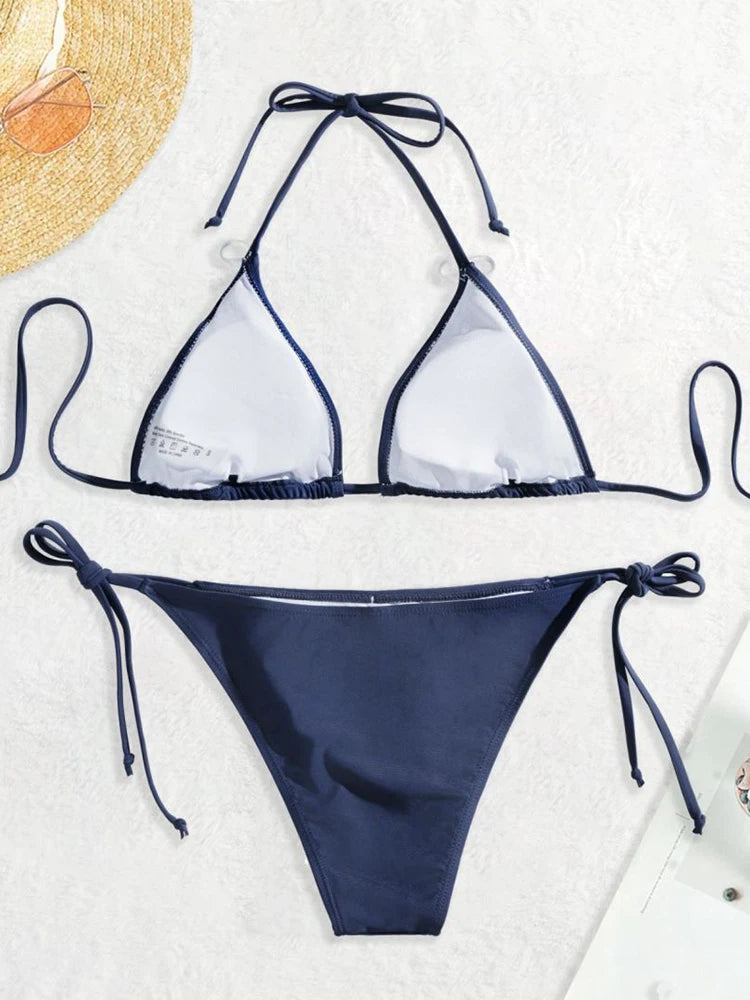 2 Piece Swimwear Thong Bikini Set Navy Blue Swimsuits Womens Bathing Suits Bikinis Triangle Bandage Female Beachwear - The Clothing Company Sydney