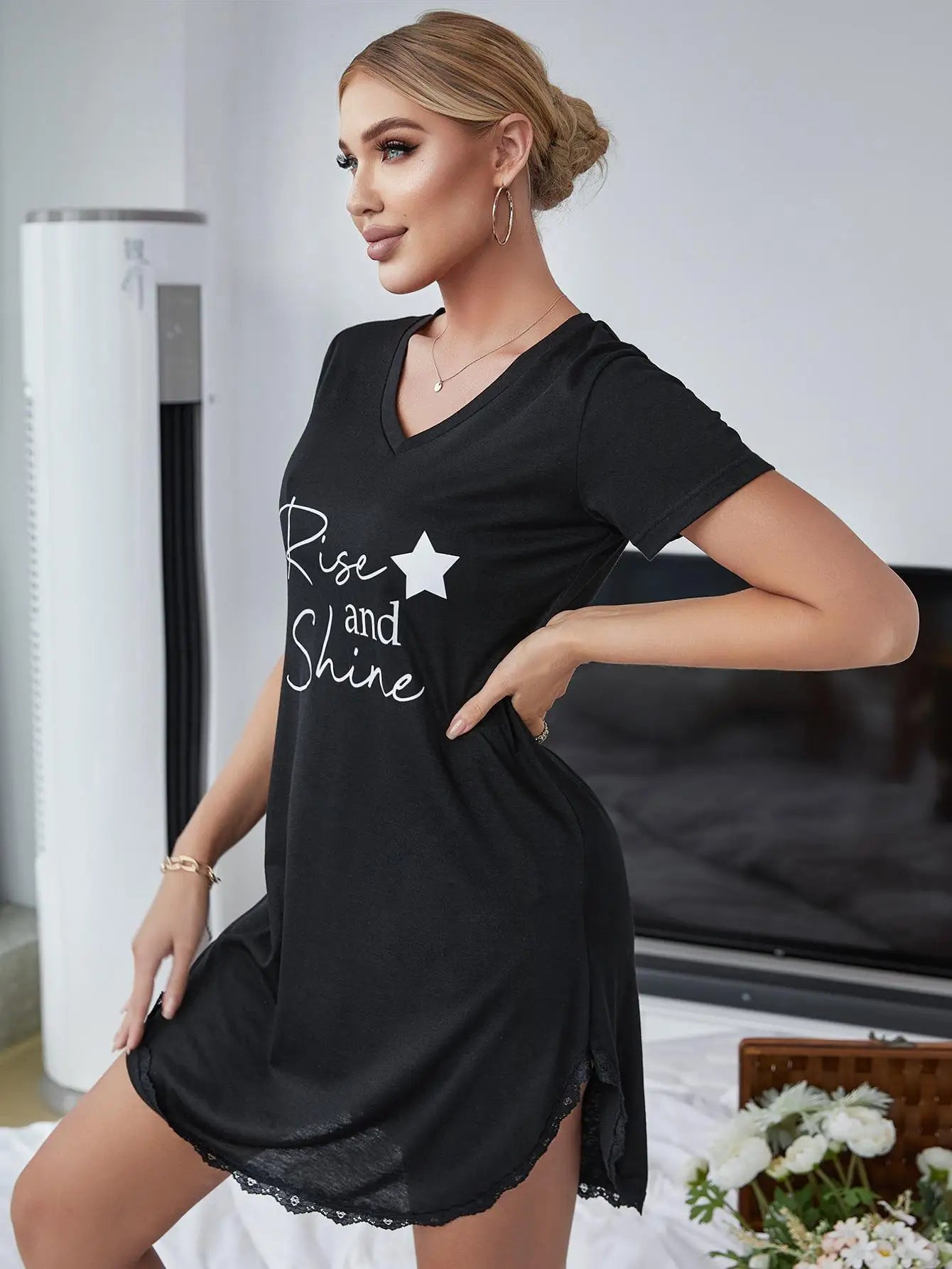 Summer Sleepwear Women Lace Hem Nightdress V-neck Short Sleeve Pajamas Nighties Nightgown Nightwear Side Split Skirt - The Clothing Company Sydney
