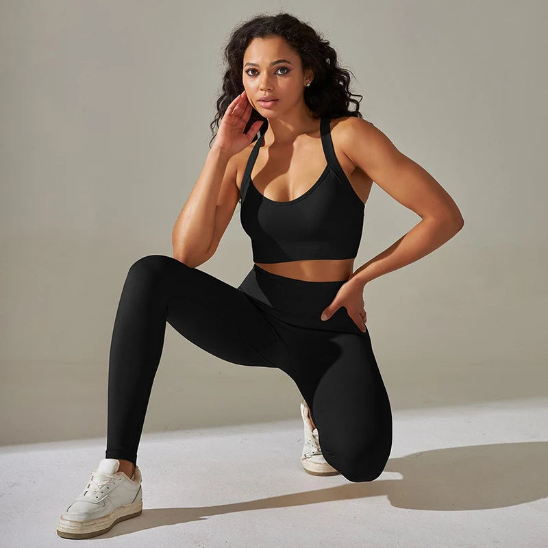 Cross Back Strap Yoga Set Women High Waist Leggings Running Workout Suits Sportswear Seamless Fitness Clothes Tracksuit Set - The Clothing Company Sydney
