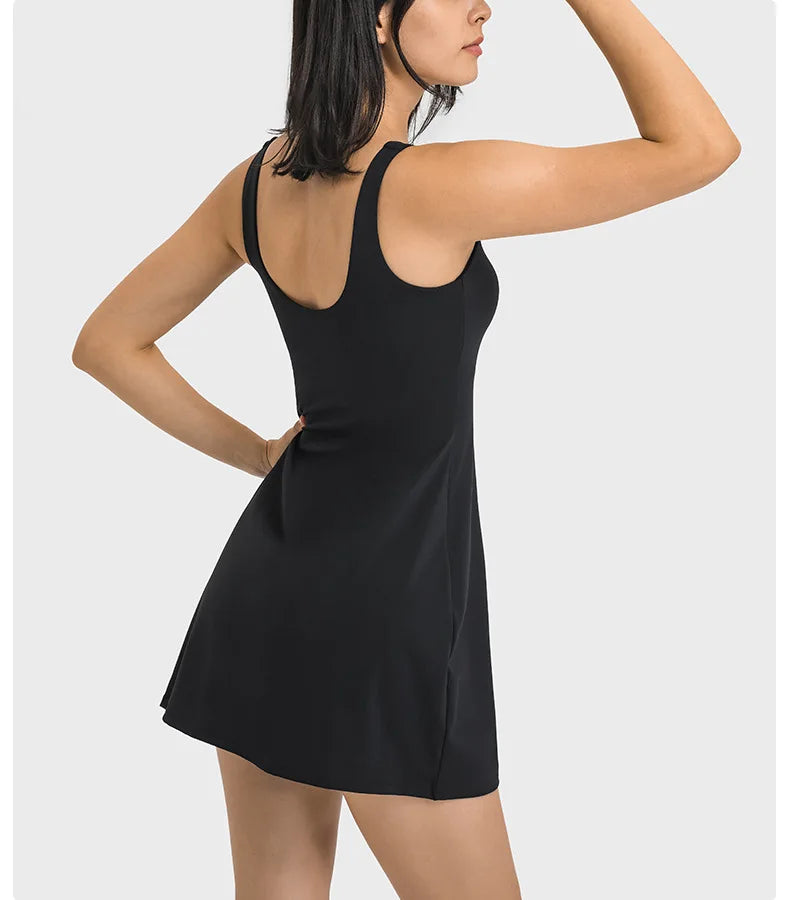 Square Neck Tennis Golf Dress Skirt Sleeveless Exercise Sport Dresses with Built In Shorts Pocket - The Clothing Company Sydney
