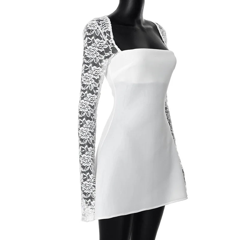 Lace Patchwork Waist Wrap A-line Mini Autumn Winter Dress Backless Club Party Evening Dresses - The Clothing Company Sydney