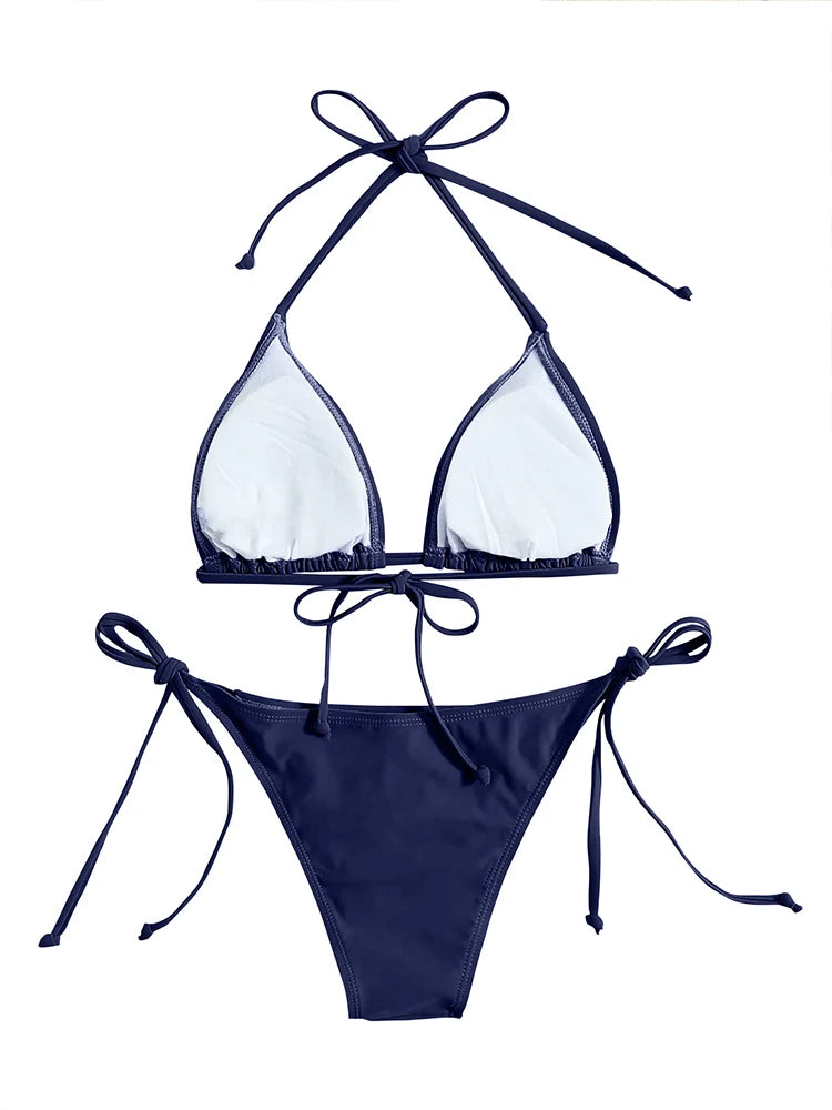 2 Piece Swimwear Thong Bikini Set Navy Blue Swimsuits Womens Bathing Suits Bikinis Triangle Bandage Female Beachwear - The Clothing Company Sydney
