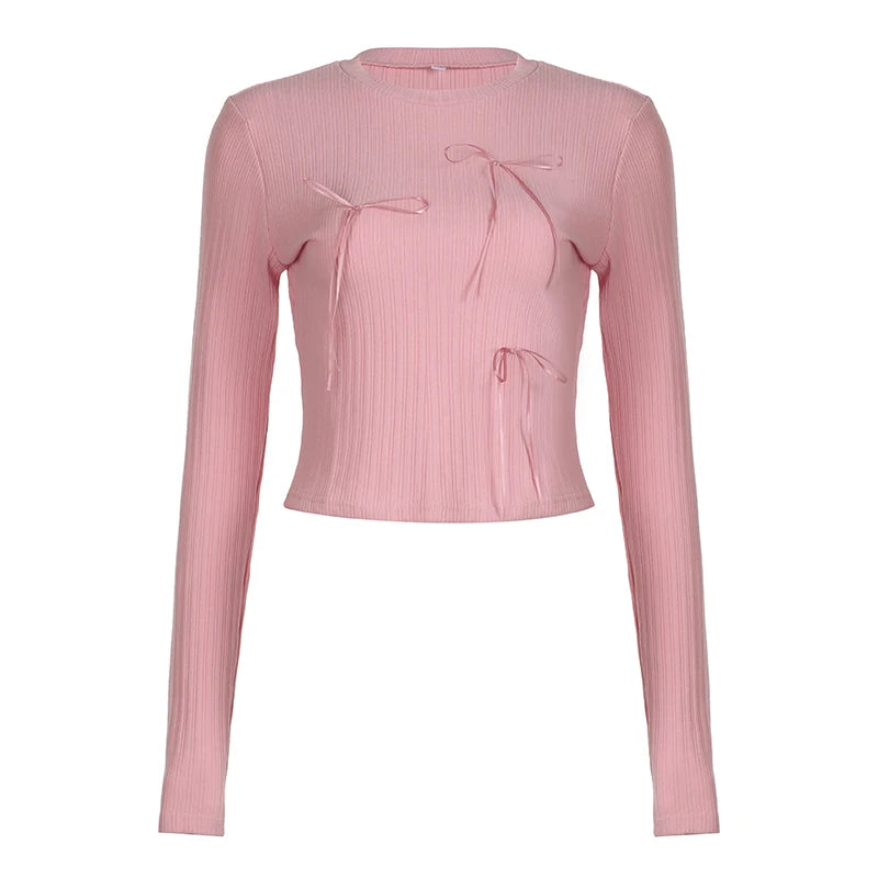 Sweet Bow Knit Spring Top Long Sleeve Pink Bow Women's T Shirts Clothes Basic Outfits - The Clothing Company Sydney