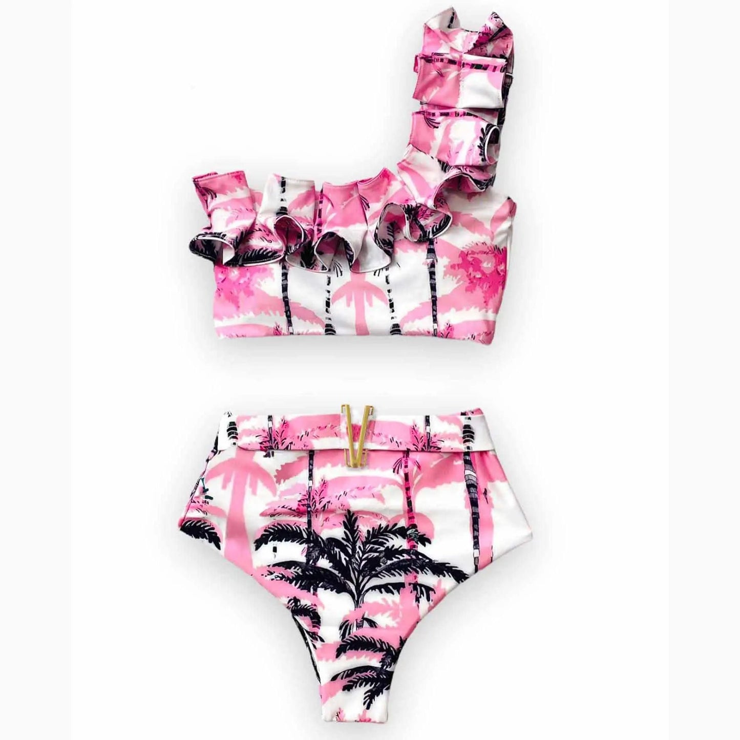 V-Neck High Waist Bikini Sets Shoulder Ruffled Printed Swimsuit Two Piece Swimwear Bathing Suits The Clothing Company Sydney