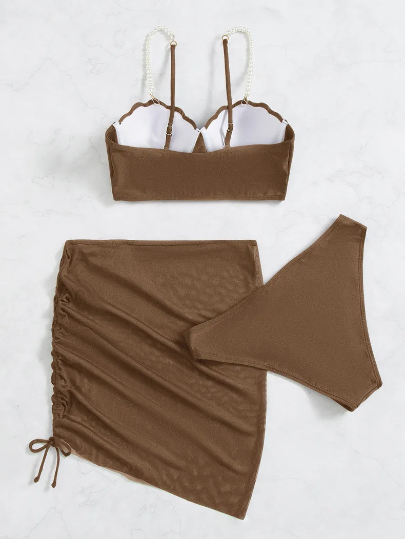 3 Piece Women's Swimsuit Off Shoulder Suspender Pure Cotton Fashion Backless Beach Split Swimwear - The Clothing Company Sydney