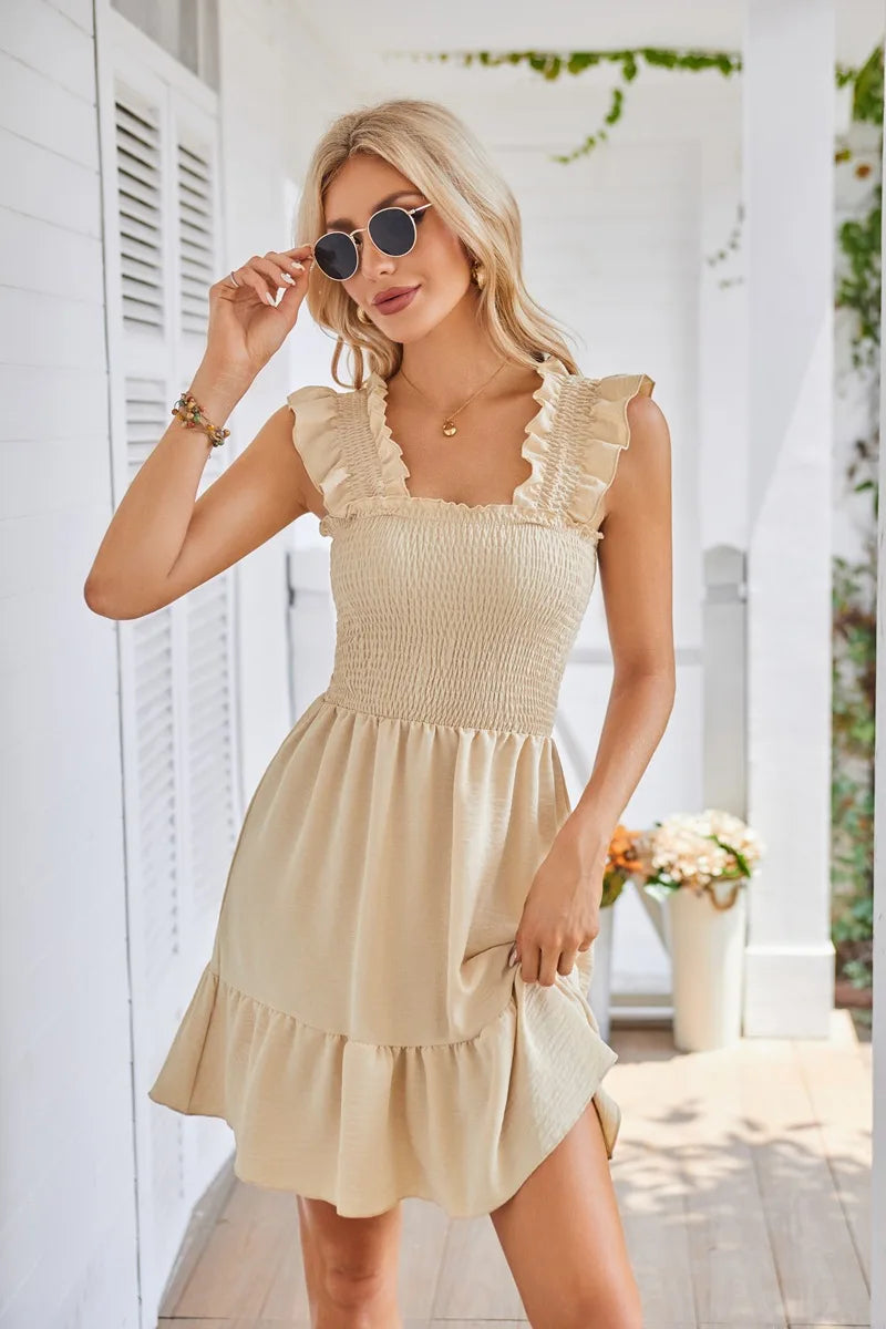 Womens Summer Casual Boho Sleeveless Backless Square Neck Smocked Ruffle Mini Dress A-Line Swing Sundress - The Clothing Company Sydney