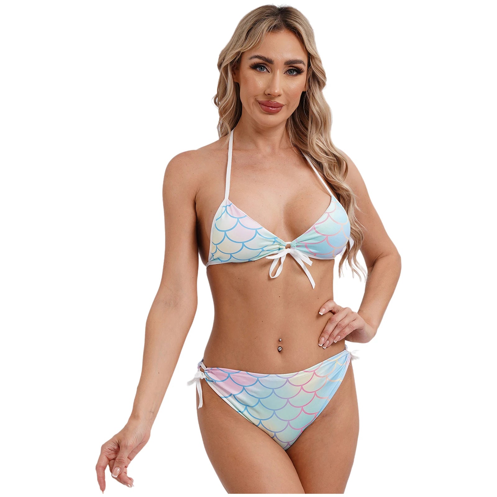 Women's Mermaid Print Swimsuit Bikini Bathing Suit Halter Sponge Pad Bra and Drawstring Briefs Beach Pool Surfing Swimwear - The Clothing Company Sydney