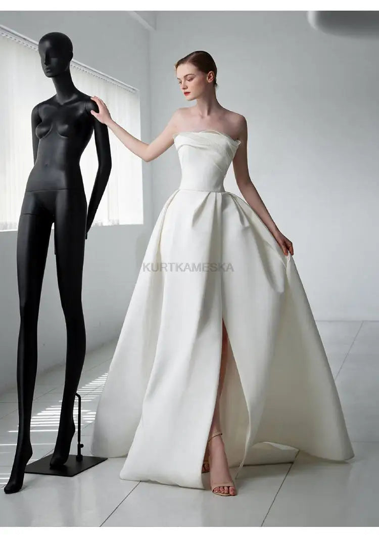 Luxury White Satin Trailing Wedding Dresses Women Elegant Strapless Long Prom Party Bridal Dress - The Clothing Company Sydney
