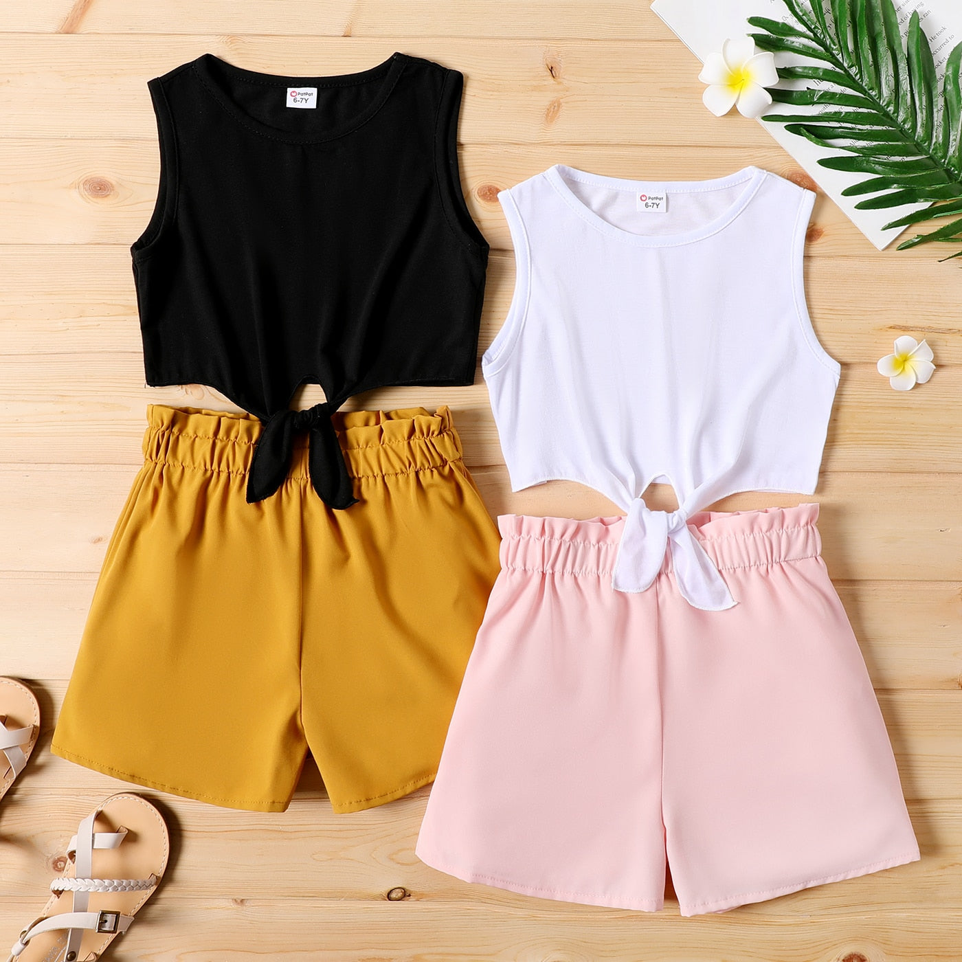 PatPat 2pcs Kid Girl Tie Knot Sleeveless Tee and Elasticized Paperbag Shorts Set The Clothing Company Sydney