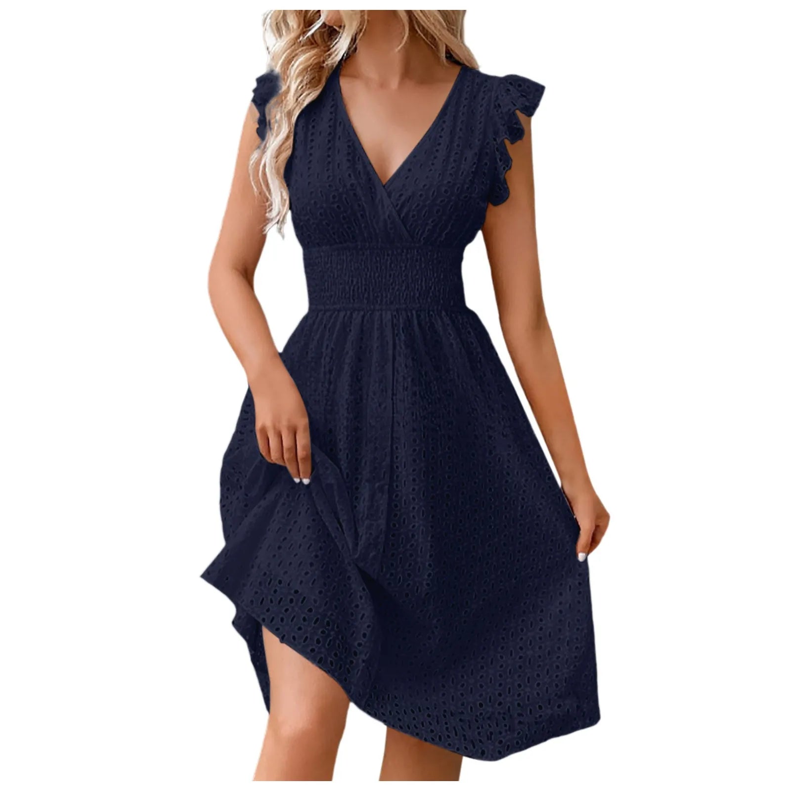 Summer Women's Vacation Short Dress V Neck Flare Sleeve Hollow Lace Waist Casual Beach Holiday Dresses - The Clothing Company Sydney