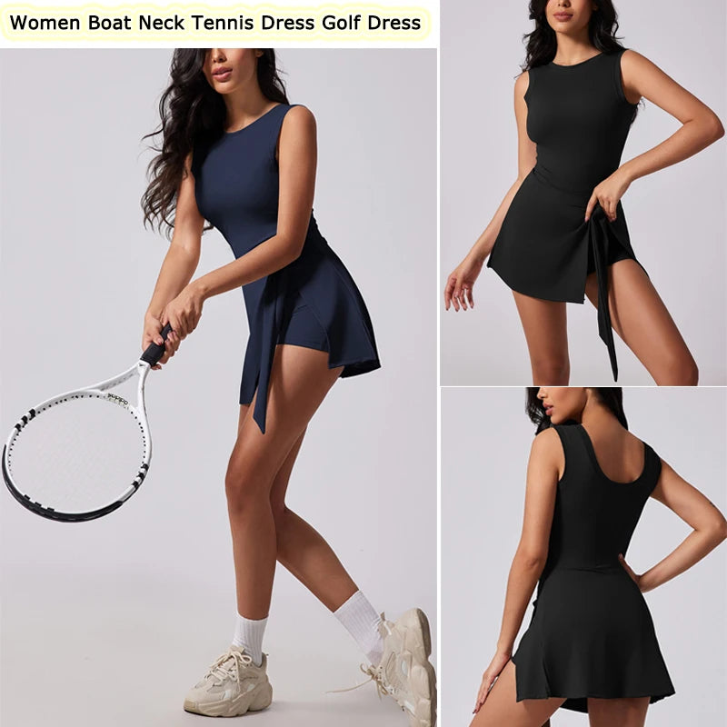Women's Tennis Dress with Built in Shorts Athletic Dresses Sleeveless Boat Neck Active Workout Skort Dress - The Clothing Company Sydney