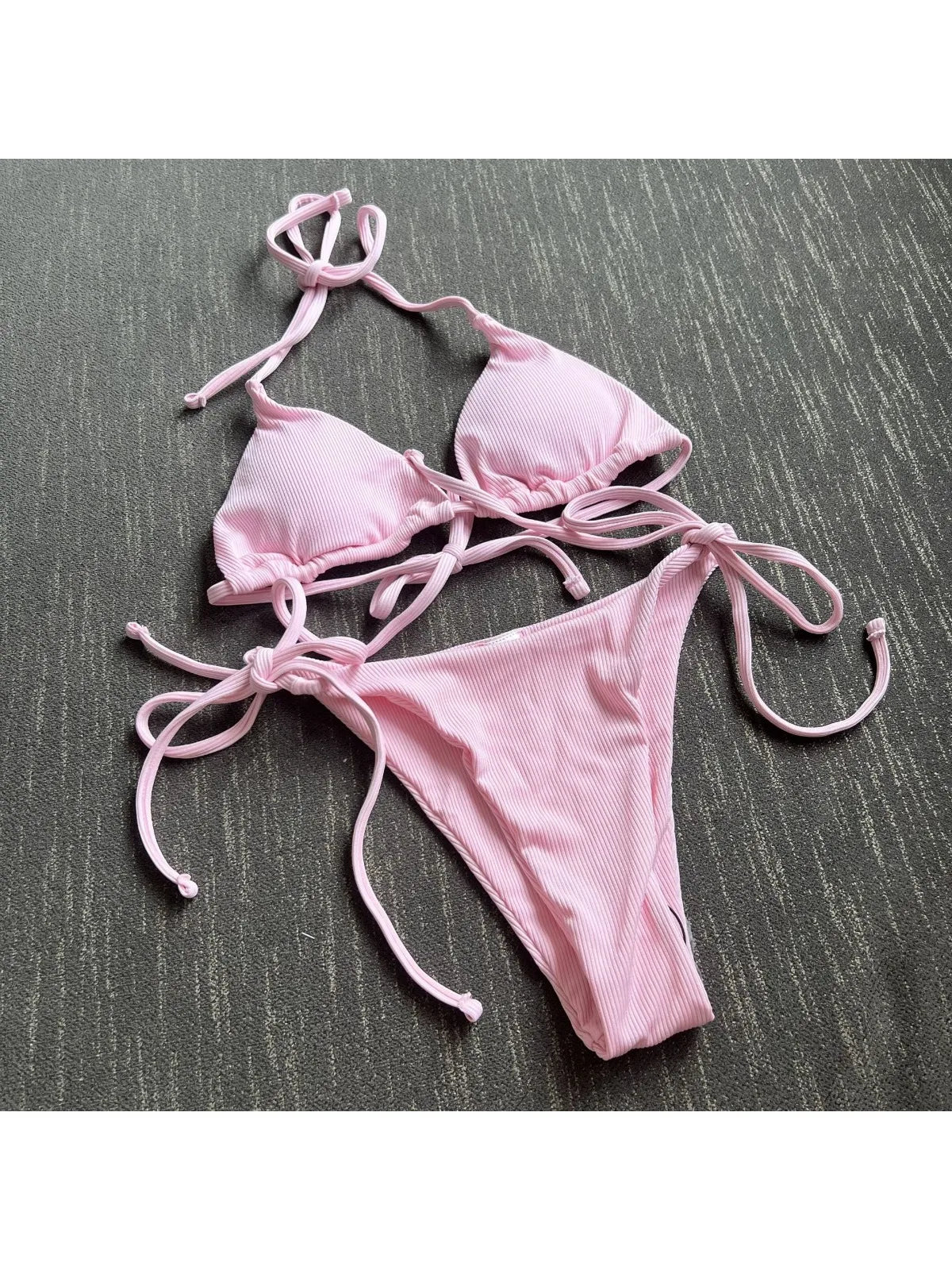 2 Piece Bathing Suit Ribbed Backless Pads Women Bikini Set Halter Triangle Bra Side Tie Thong Swimwear Set - The Clothing Company Sydney