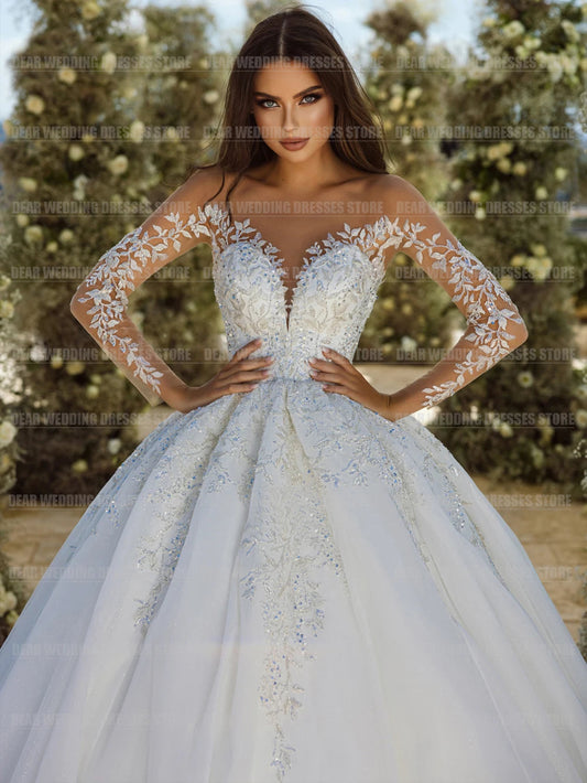 Princess Elegant Wedding Dresses Applique Long Sleeve V Neck Backless Satin Bridal Gowns The Clothing Company Sydney