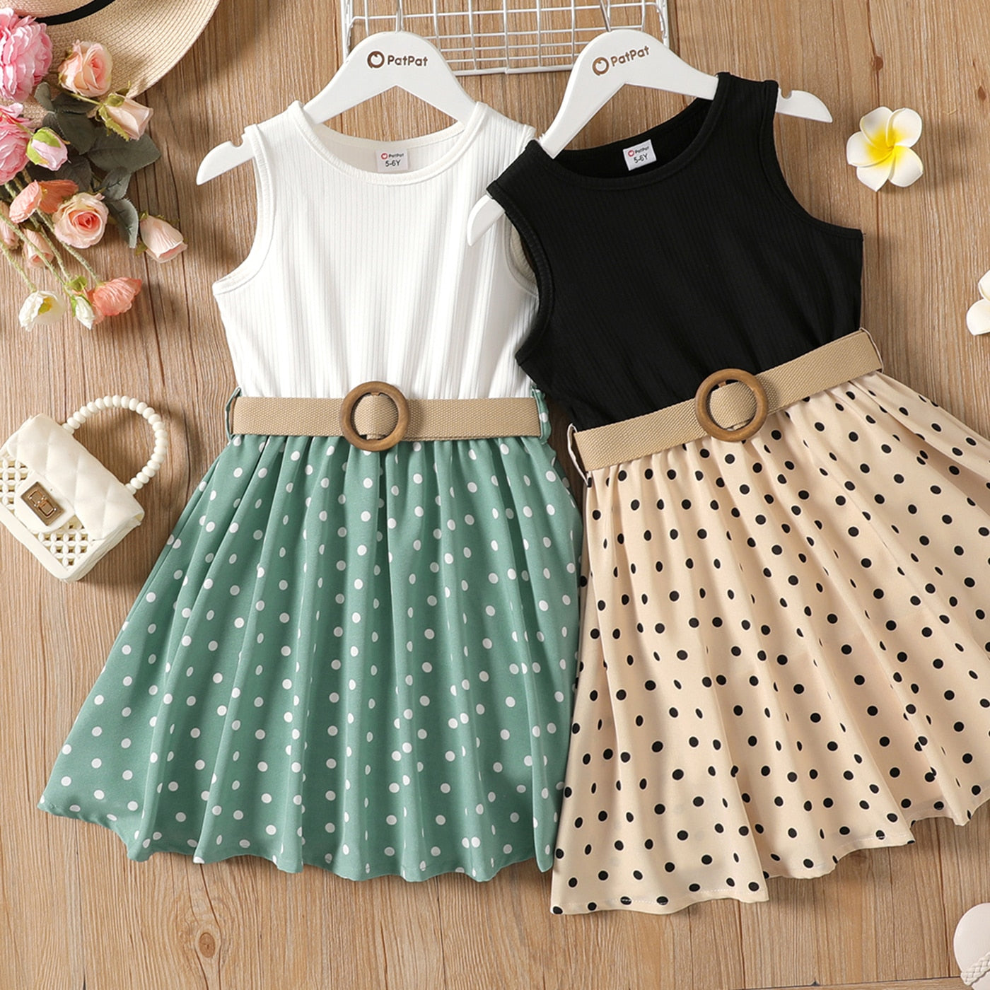 2 Piece Girl Dresses Kids Clothes Girl Polka Dots Ribbed Girls Splice Sleeveless Dress & Belt The Clothing Company Sydney