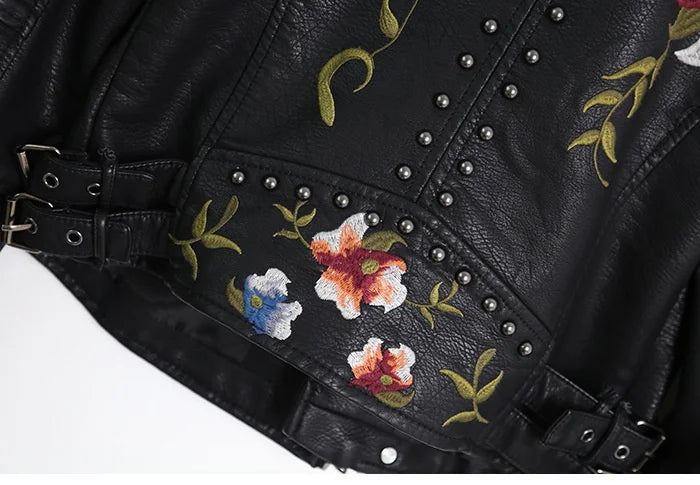 PU Leather Embroidered Rivet Coat Biker Streetwear Zipper Overcoat Women's Jackets Spring Clothes - The Clothing Company Sydney