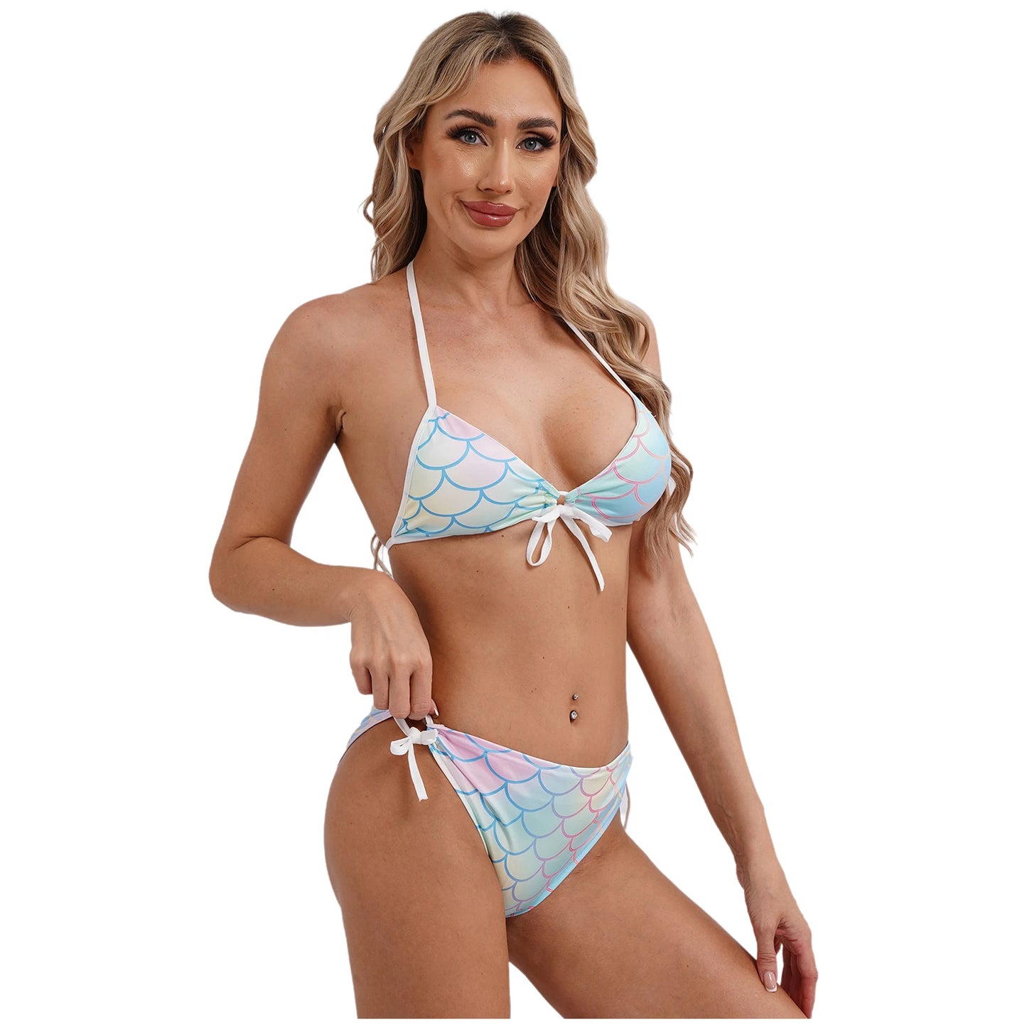 Women's Mermaid Print Swimsuit Bikini Bathing Suit Halter Sponge Pad Bra and Drawstring Briefs Beach Pool Surfing Swimwear - The Clothing Company Sydney