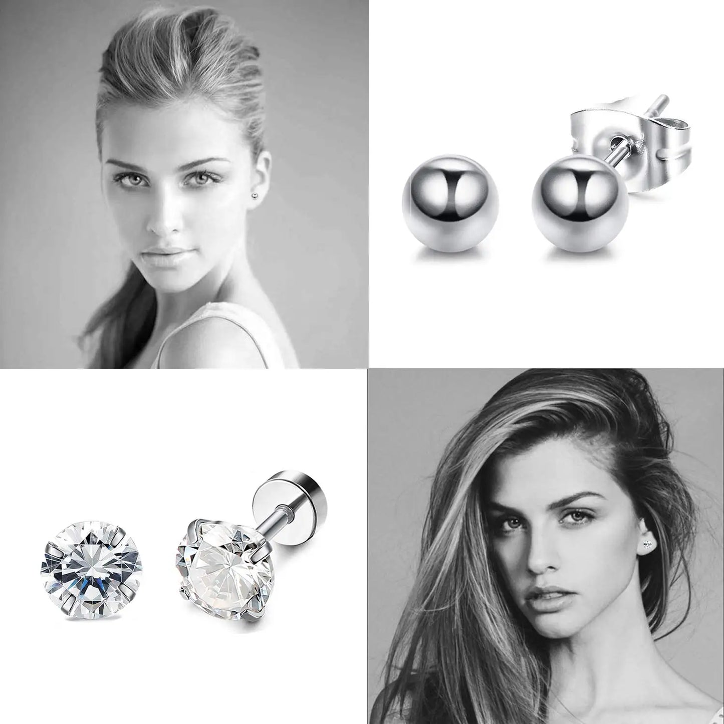 3-8mm Small Black Silver Colour Earrings Stone CZ Crystal Ear Studs Surgical Steel Cubic Unisex Accessories - The Clothing Company Sydney