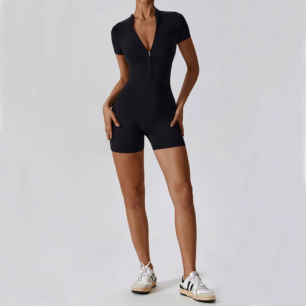 One Piece Jumpsuit Summer Short Sleeve Zipper Sports Wear Gym Fitness Bodysuits Women Dance Running Workout Clothes Yoga Suit The Clothing Company Sydney