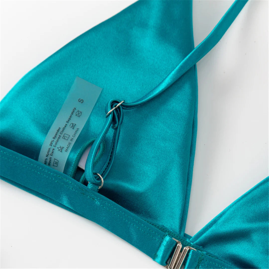 Side Tie Satin High Leg Cut Brazilian Bikini Swimwear Swimsuit Two piece Bikini set Bather Bathing Suit - The Clothing Company Sydney