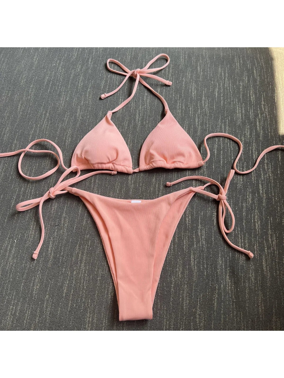 2 Piece Bathing Suit Ribbed Backless Pads Women Bikini Set Halter Triangle Bra Side Tie Thong Swimwear Set - The Clothing Company Sydney