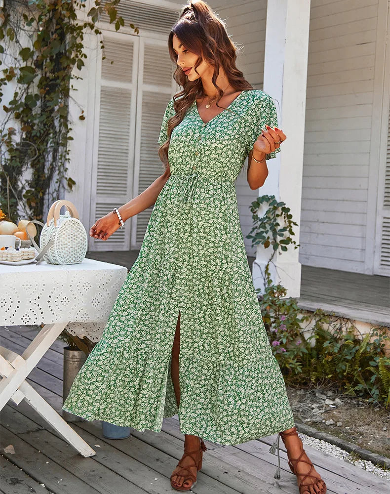 Vintage Floral Dresses for Women Elegant Loose Slit Summer Beach Holiday Leisure Long High Waist Print Dress - The Clothing Company Sydney