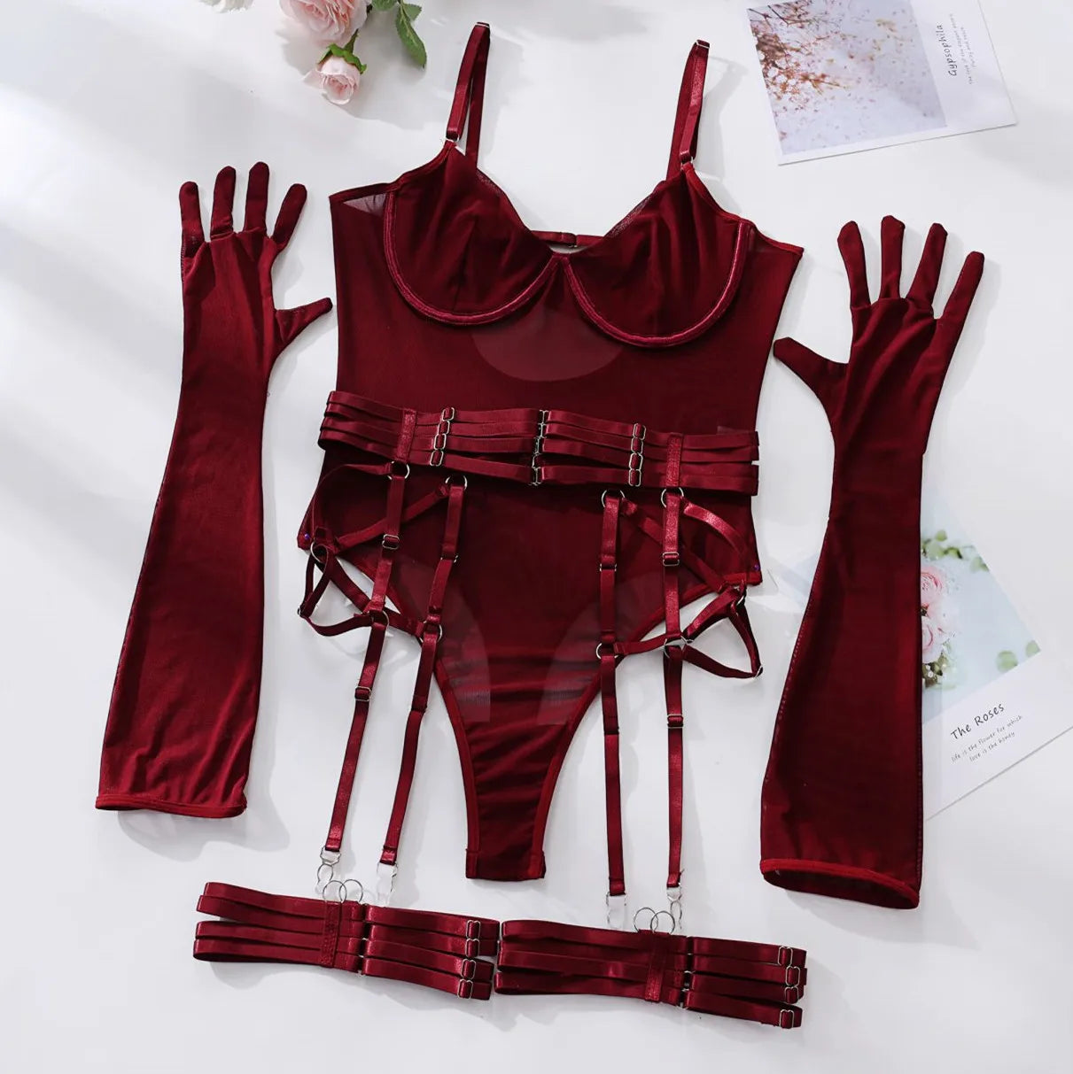 Tight Fitting Lace Bodysuit With Gloves Garter Night Club Outfit Mesh Top Lingerie Set - The Clothing Company Sydney