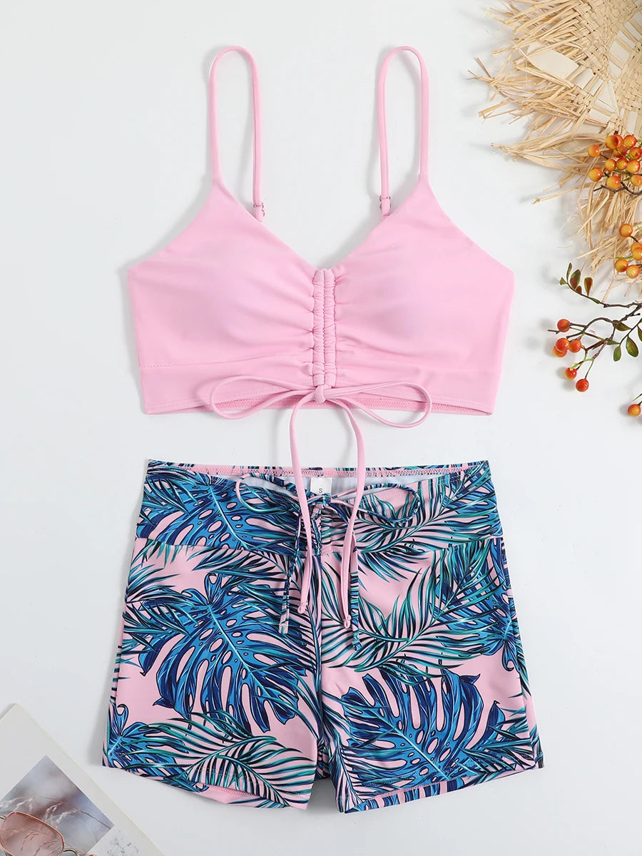 2 Piece Drawstring Front Shorts Bikinis High Waist Swimsuit Women Swimwear Bathers Bathing Swimming Swim Suit Beachwear - The Clothing Company Sydney