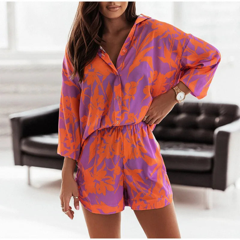 Summer Print Shorts Suits Woman Vintage Long Sleeve Shirt And Short Pants Suit Two Piece Set  Loose Casual Outfit Matching Set - The Clothing Company Sydney