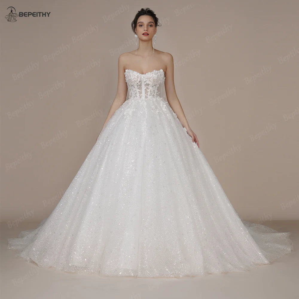 Princess Strapless Ivory Glitter Wedding Dresses Court Train Bride 3D Flower Romantic Shinny Bridal Gown The Clothing Company Sydney