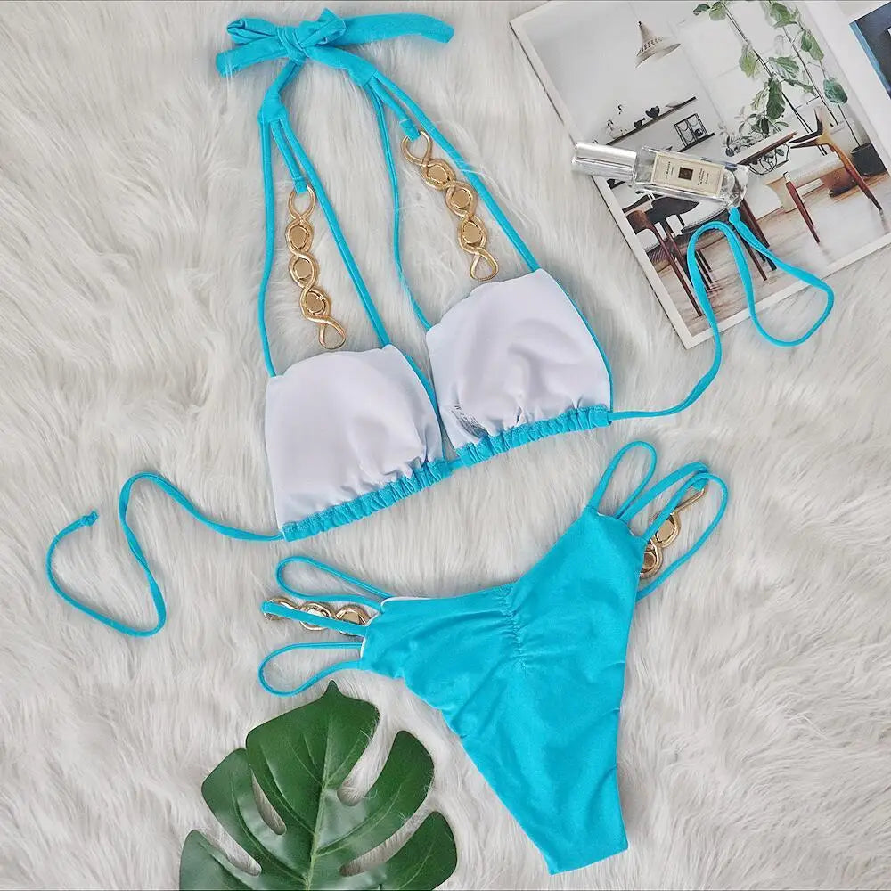 2 Piece Rhinestone Swimsuit Crystal Thong String Bikini Set Swimwear Beach Wear Bathing Suit - The Clothing Company Sydney