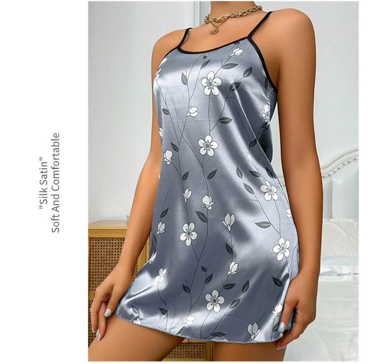 Women's Nightgown Satin Floral Print Spaghetti Strap Sleepwear Dress Luxurious Satin Slip Nightdress The Clothing Company Sydney