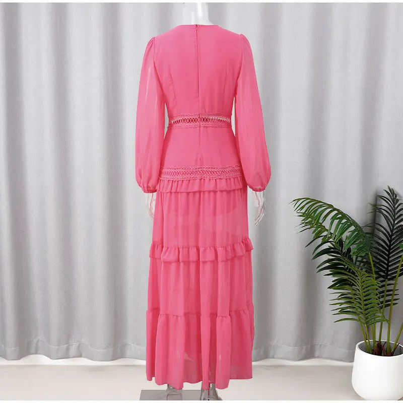Women V-neck Lantern Long Sleeves Maxi Dress Elegant Patchwork Ruffles Hollow Lace Slim Summer Dress - The Clothing Company Sydney