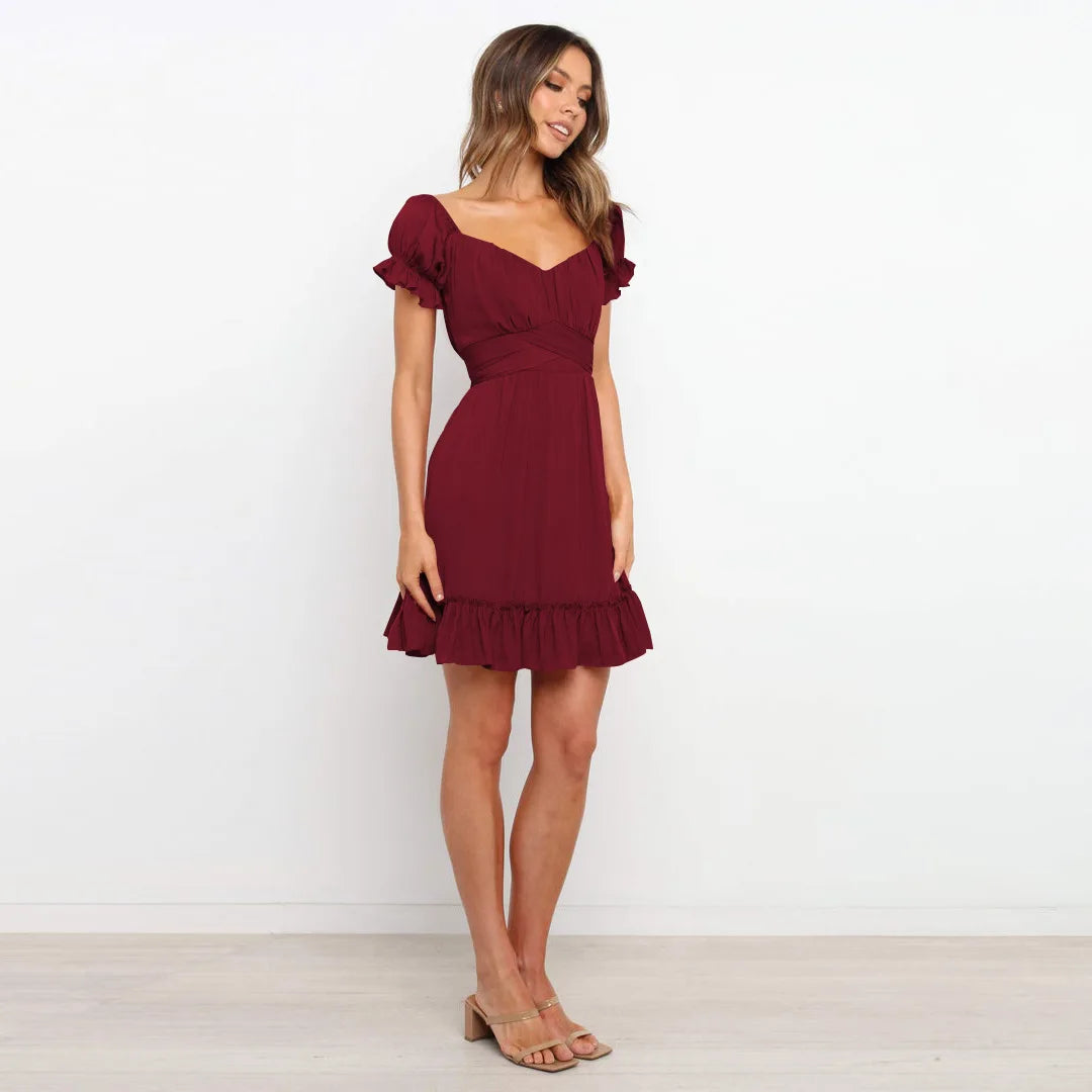 Summer Sundersses White Short Sleeve Ruffles Lace Up Folds Mini Dresses Bohemian Party Beach Dress - The Clothing Company Sydney