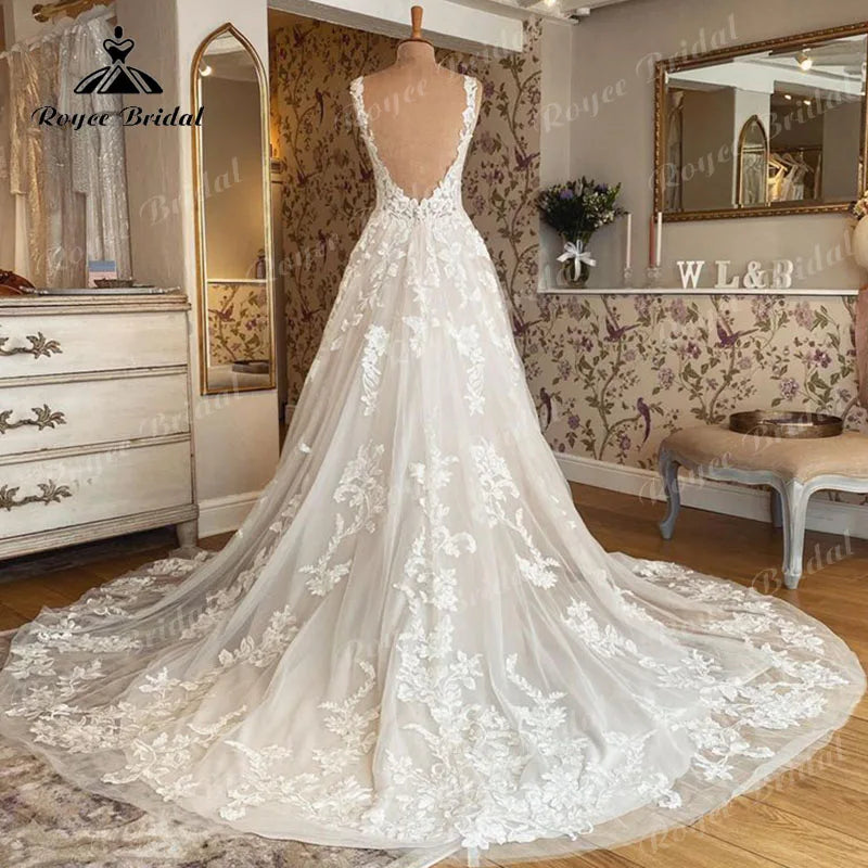 Blush Pink Sleeveless V-Neck Wedding Dress – Lace Applique Backless A-Line Bridal Gown The Clothing Company Sydney