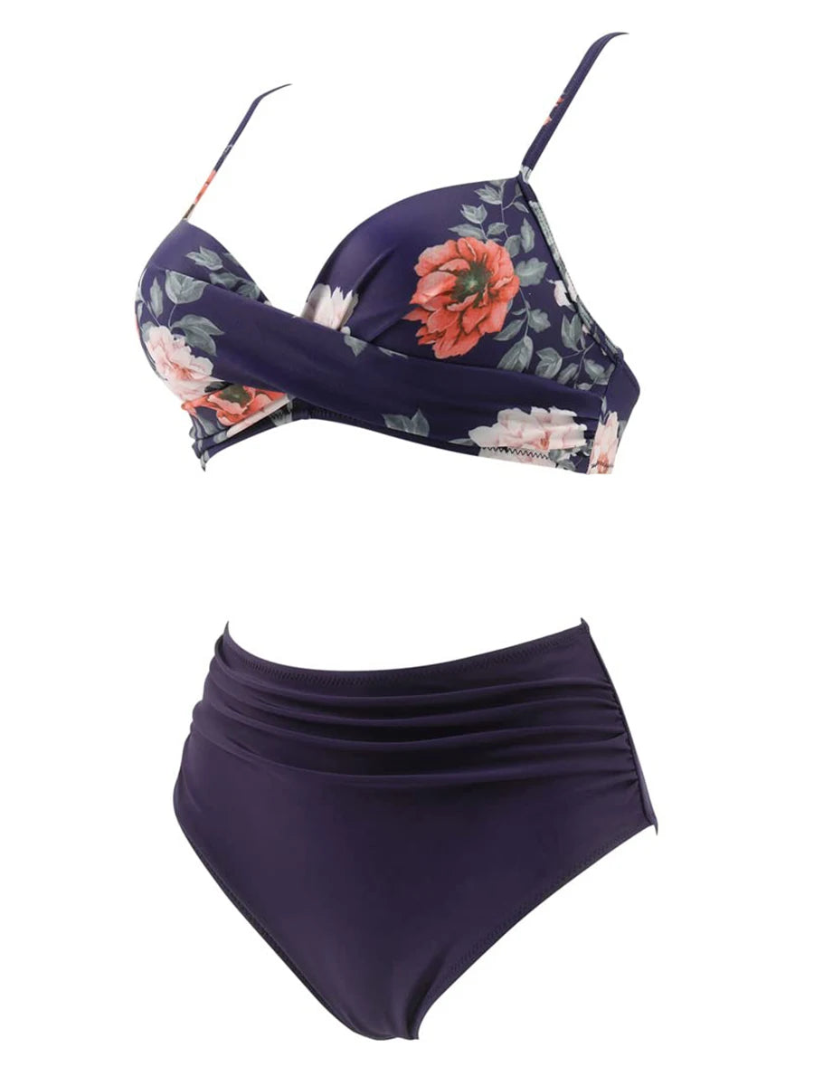2 Piece Cross Frill Bikinis Women Swimwear Print High Waist Swimsuit Beachwear Bathers Bathing Swimming Swim Suit - The Clothing Company Sydney