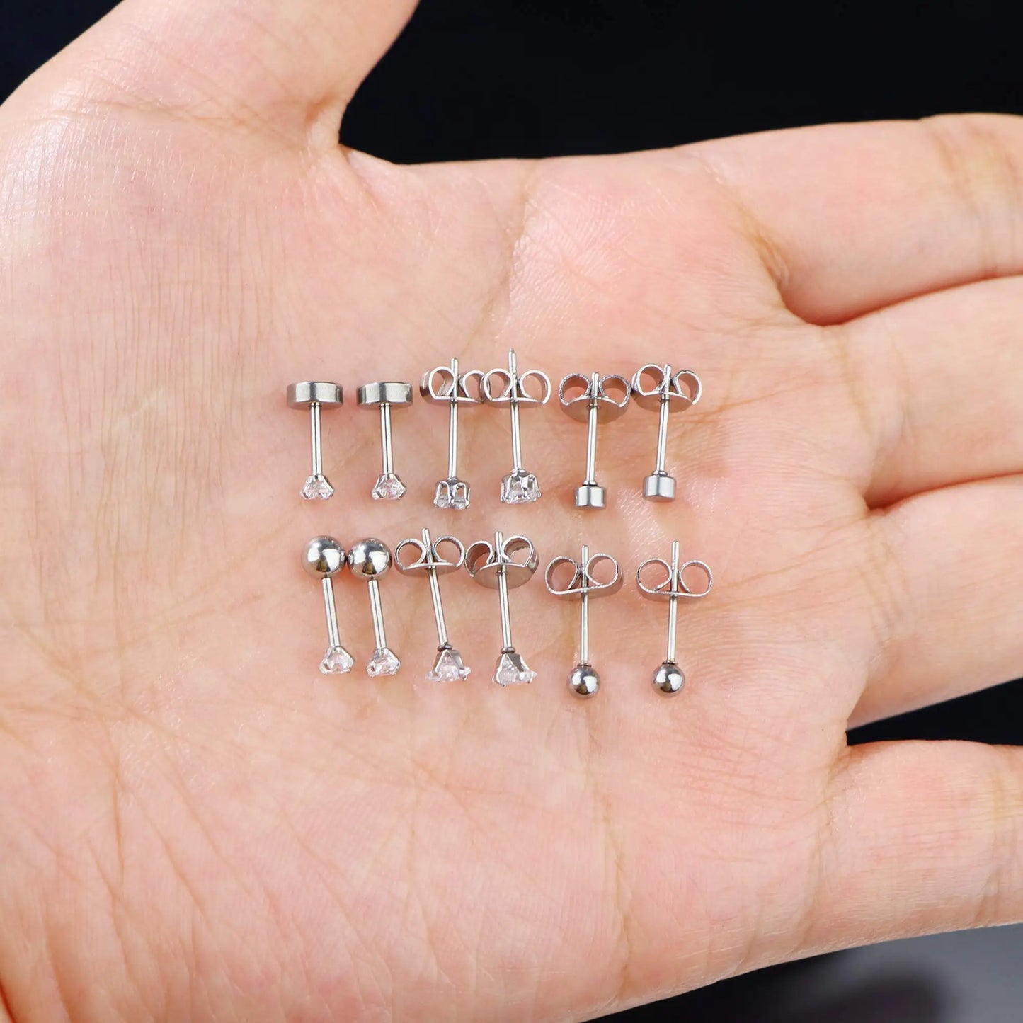 3-8mm Small Black Silver Colour Earrings Stone CZ Crystal Ear Studs Surgical Steel Cubic Unisex Accessories - The Clothing Company Sydney