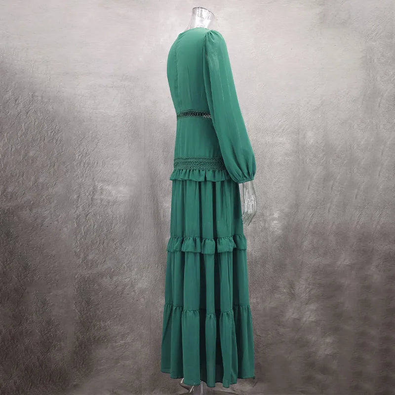 Women V-neck Lantern Long Sleeves Maxi Dress Elegant Patchwork Ruffles Hollow Lace Slim Summer Dress - The Clothing Company Sydney